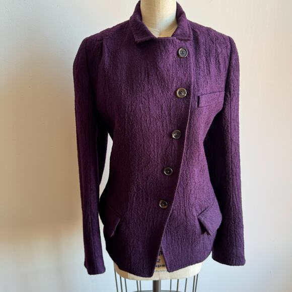 ANN DEMEULEMEESTER Asymmetric Purple Textured Wool/Silk Blend Blazer - Picture 7 of 13